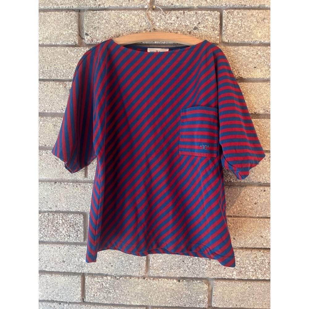 Tory Burch Striped Red & Navy Blue Short Sleeve Top With Pocket Size L